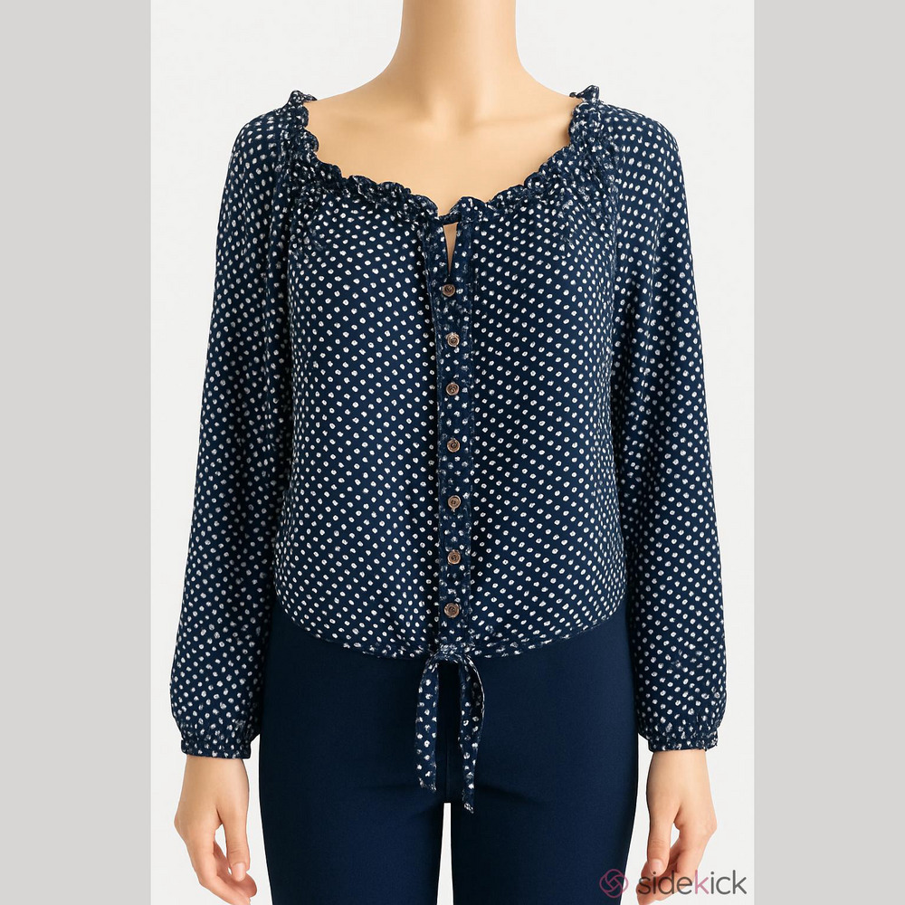 Jolt semi-formal/ casual top blouse M navy white polkadot ruched neck buttons